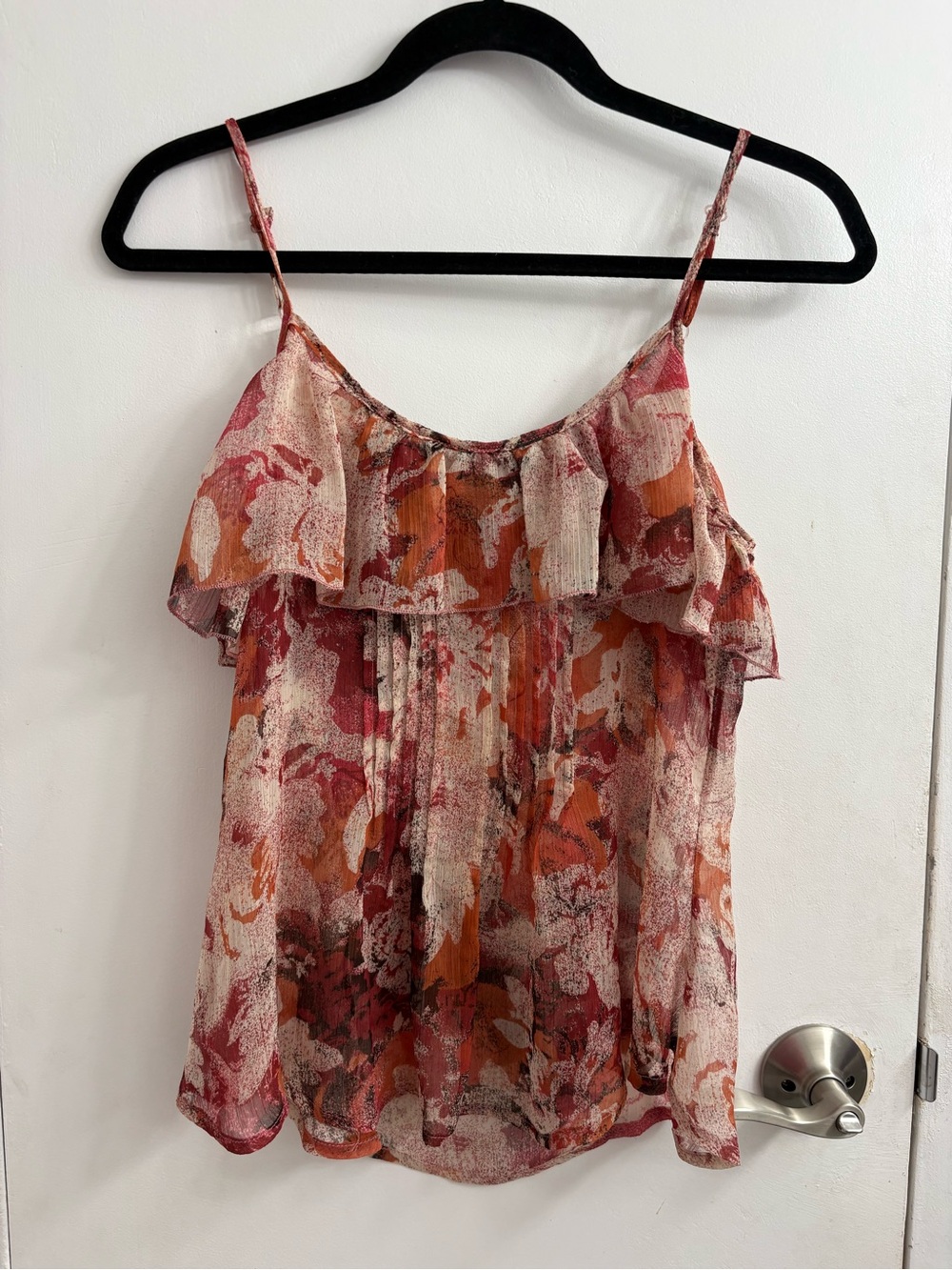 Women’s Floral Ruffle Spaghetti Strap sheer Top - Rust Pink